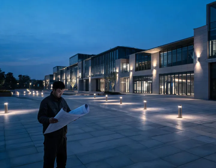 Architectural wall luminaires illuminating a civic plaza