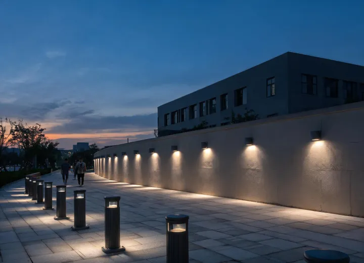 Civic walkway with shielded bollard lighting
