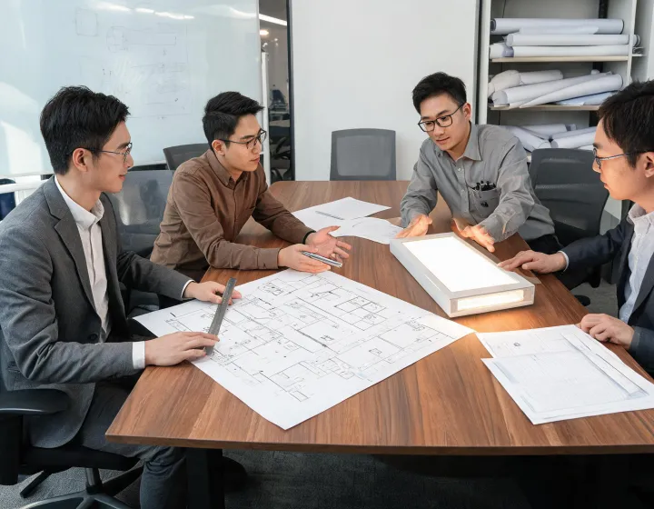 Project team reviewing luminaire sample and delivery schedule