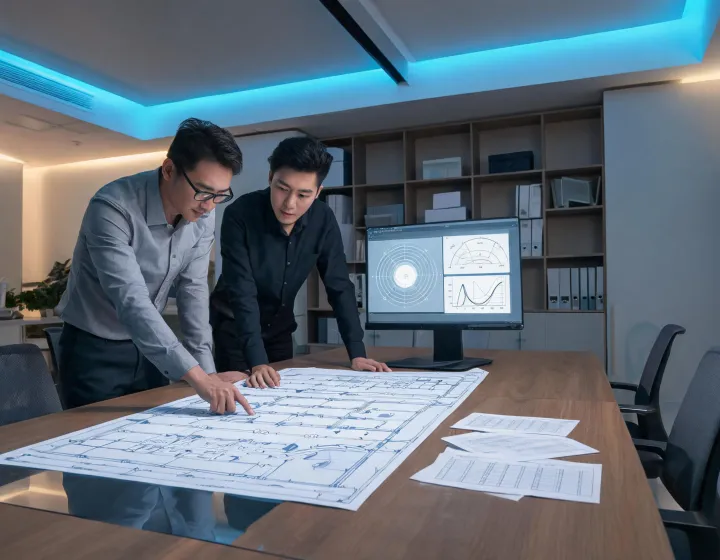 Lighting specifier and electrical engineer reviewing plans